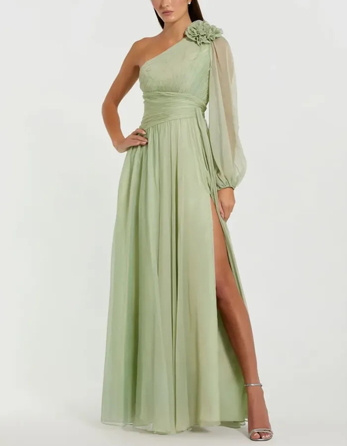 Sage-green Chiffon One-shoulder Maxi Dress