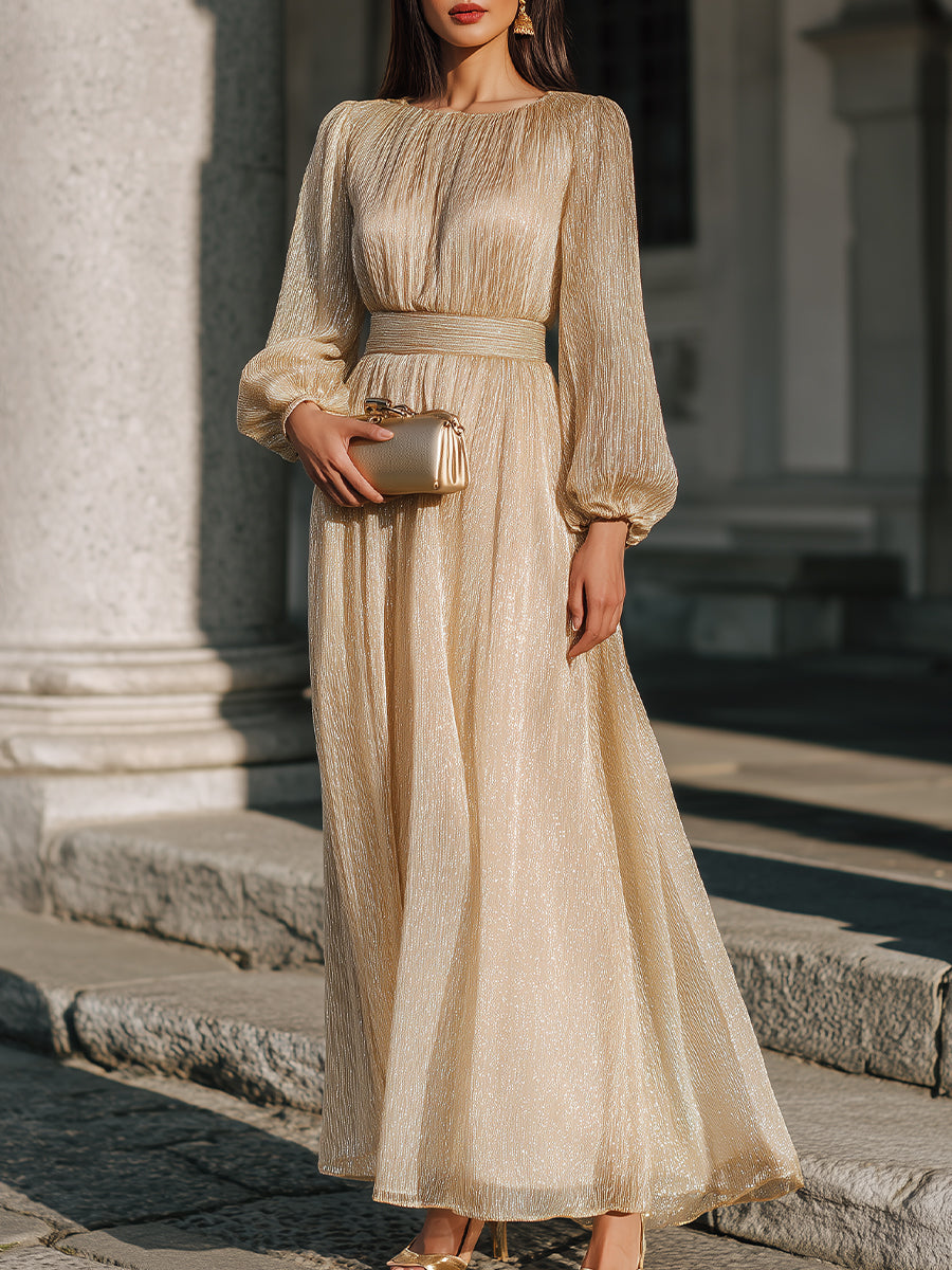 Elegant Champagne Long-Sleeve Pleated Waist Maxi Dress
