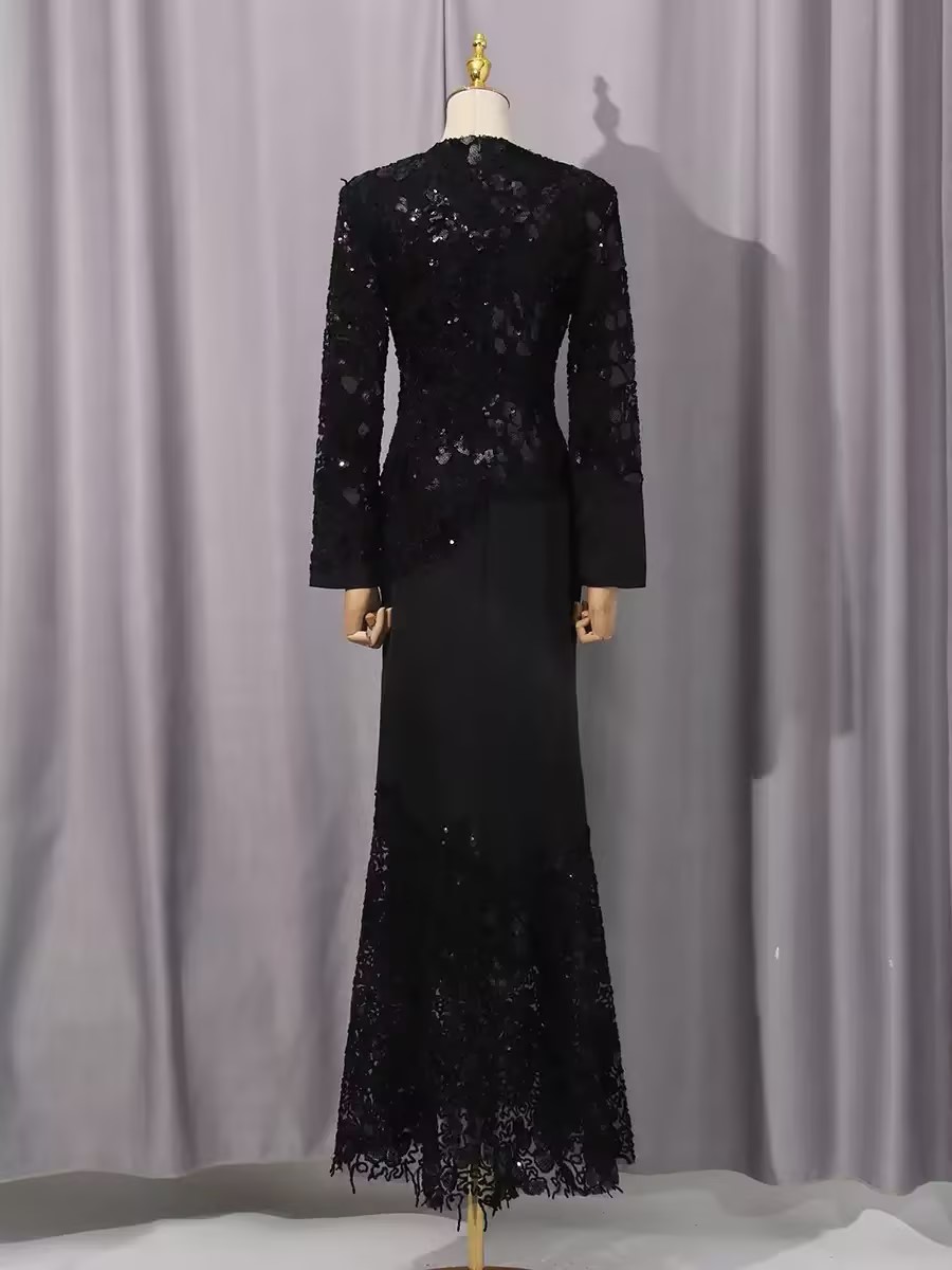 Black Sequin Embroidered Mermaid Evening Dress