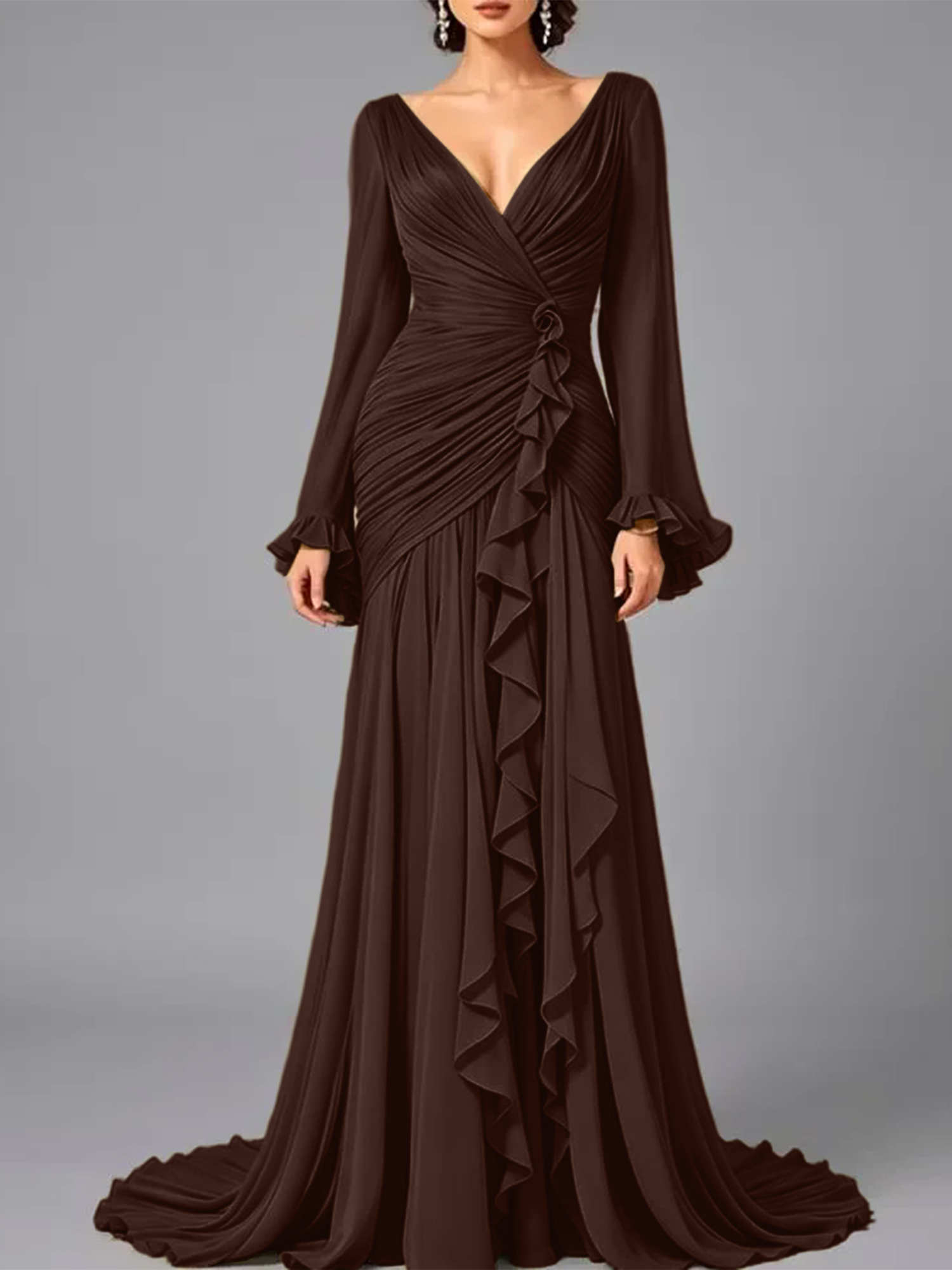 V-Neck Sheer Long Sleeve Ruffled Chiffon Dress