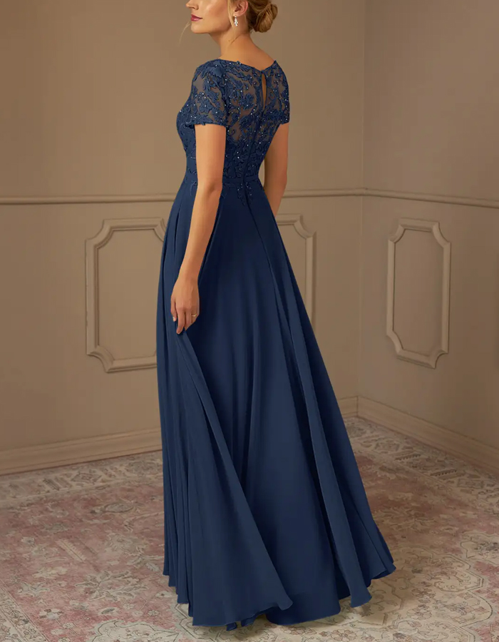 Dark Navy Sequined Chiffon A-Line Maxi Dress