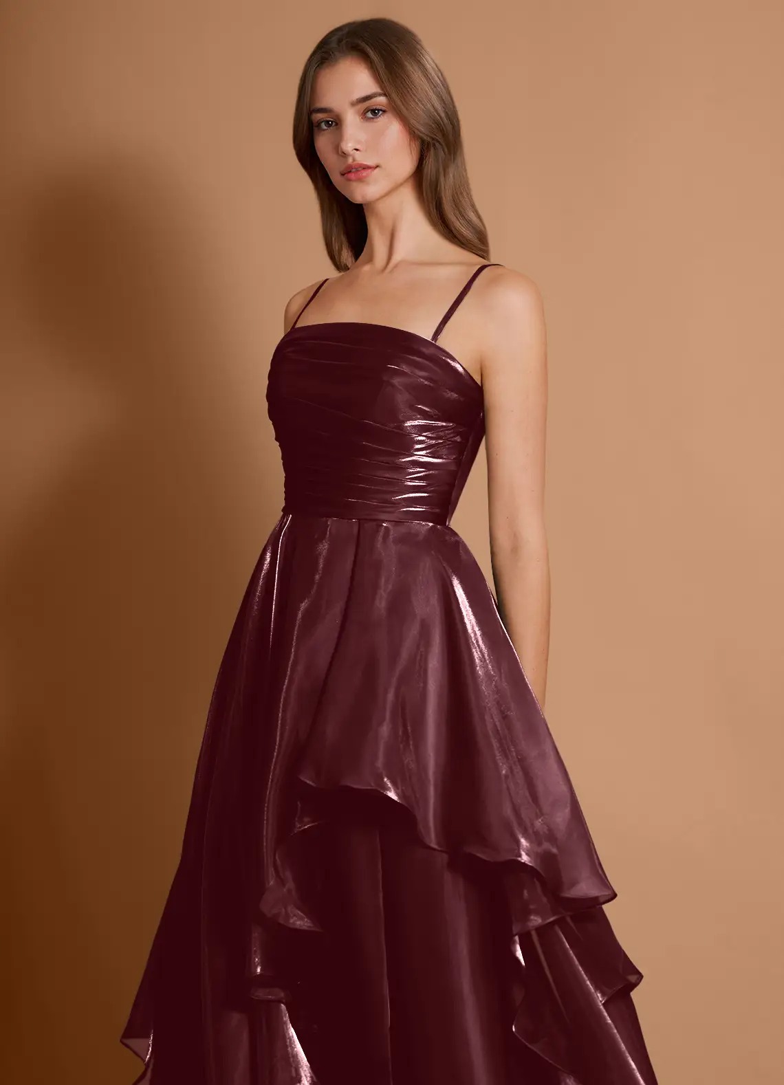 Burgundy Strapless Ruffled High-Slit Evening Gown