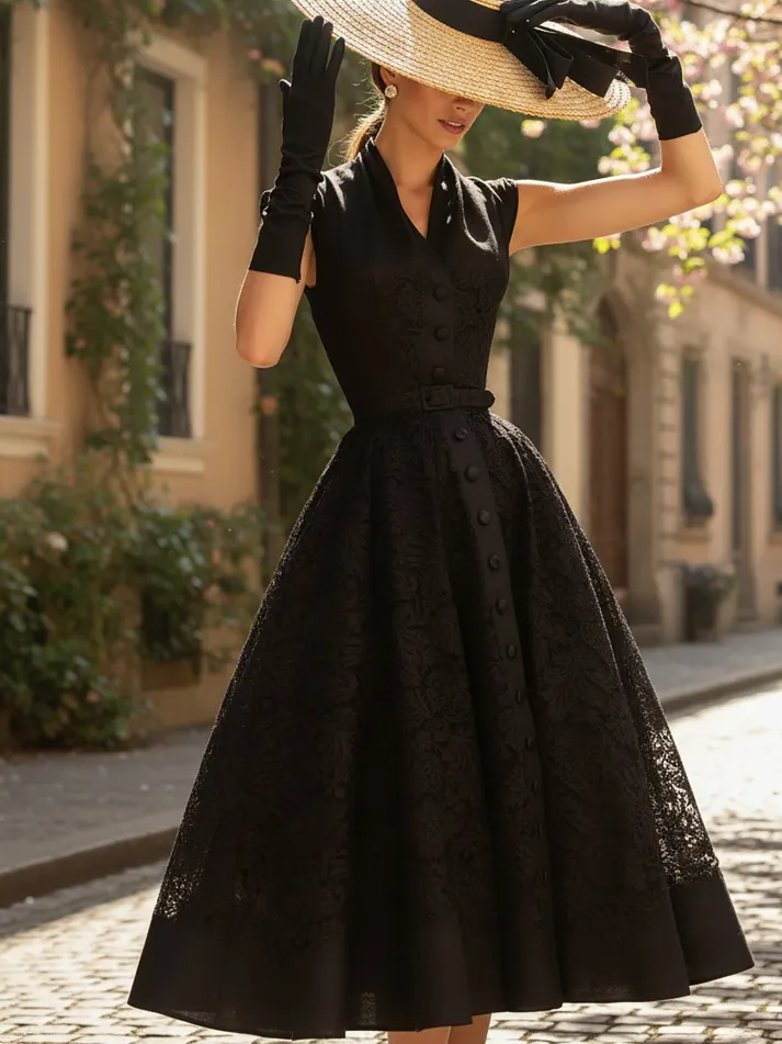 Midi Linen Dress, Sleeveless, V Neck, Lace, Button Design, French Vintage, Black