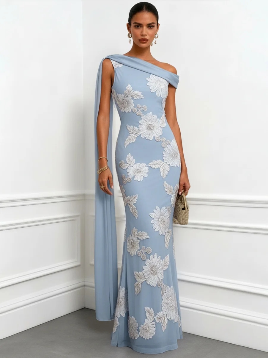 Light Blue 3D Floral Classic One Shoulder Sleeveless Mermaid Floor-length Gown Dress