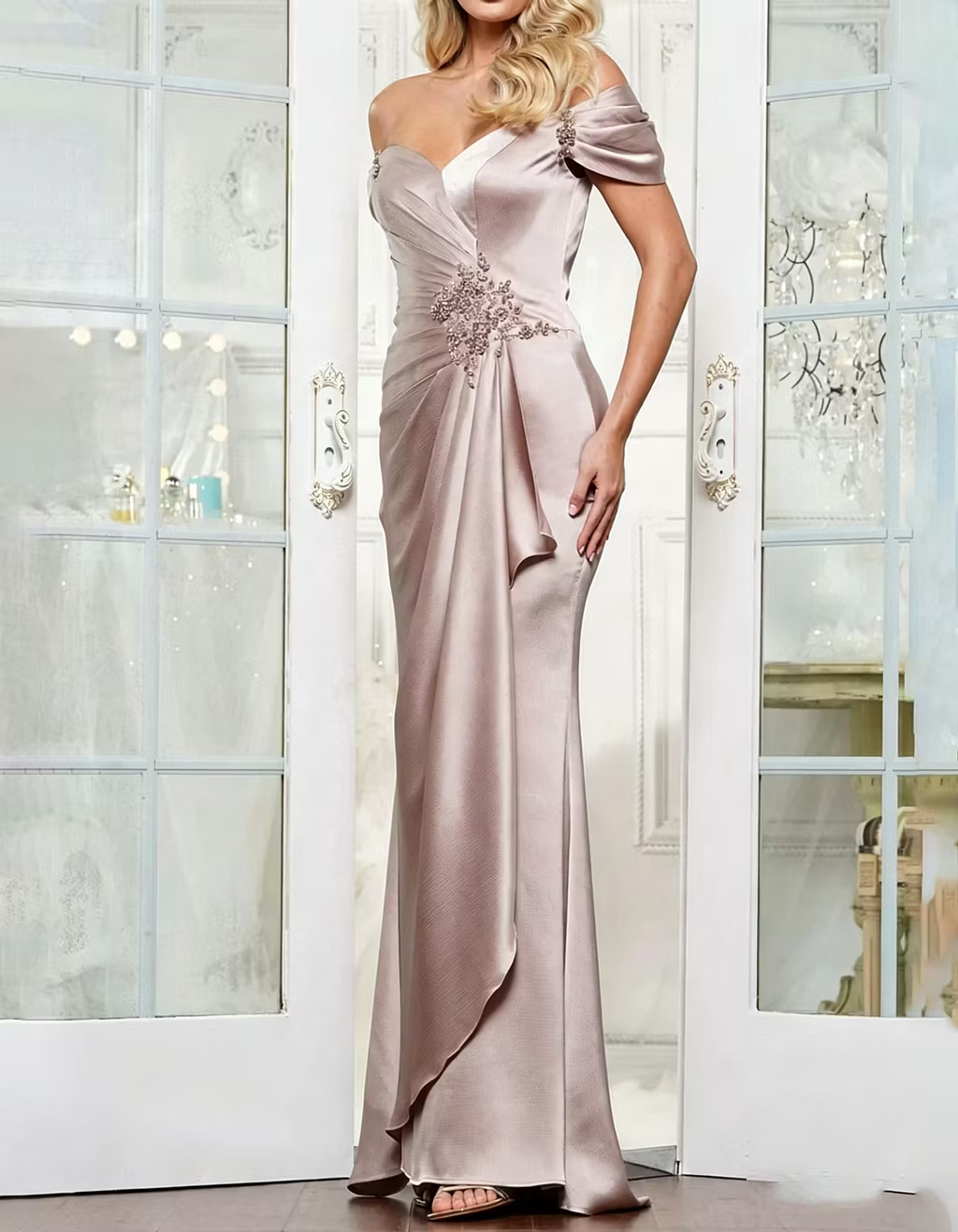 Satin Lace Embroidered Off-Shoulder Maxi Dress