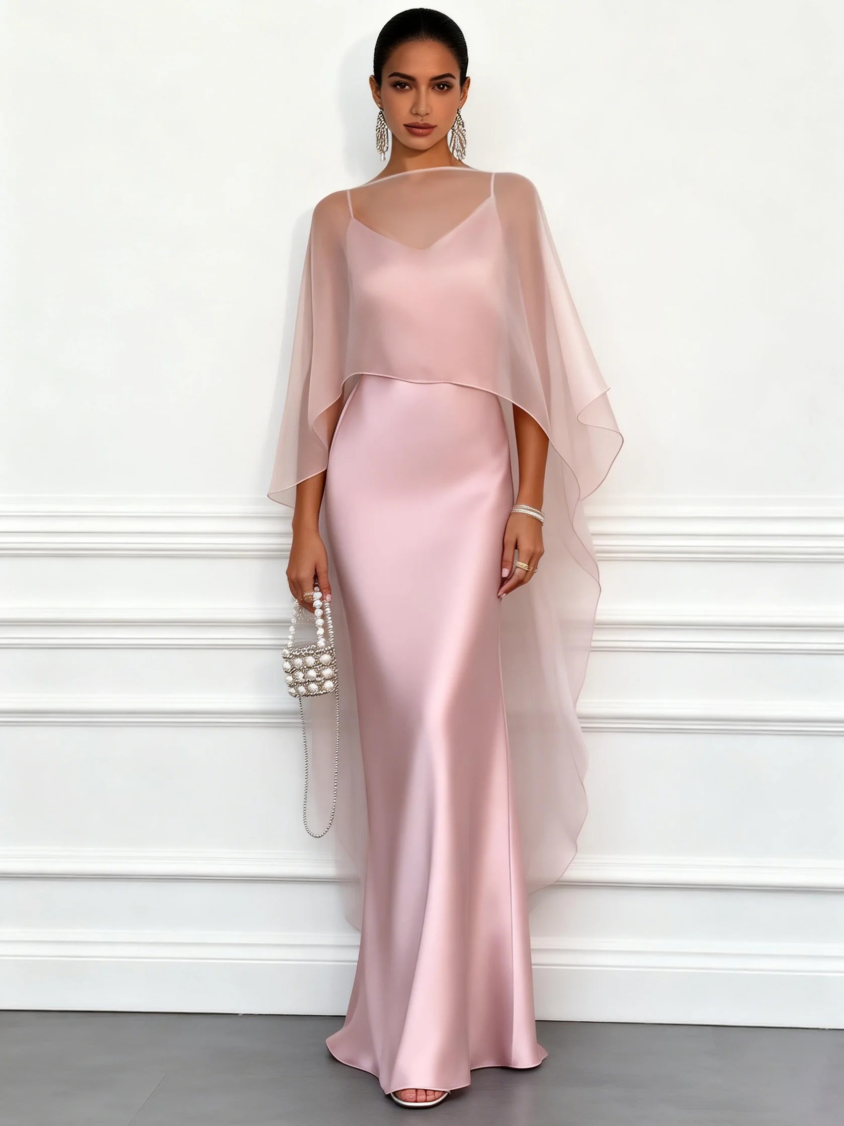 Pink Satin Boat Neck Cap Sleeve Mermaid Floor-length Gown Dress
