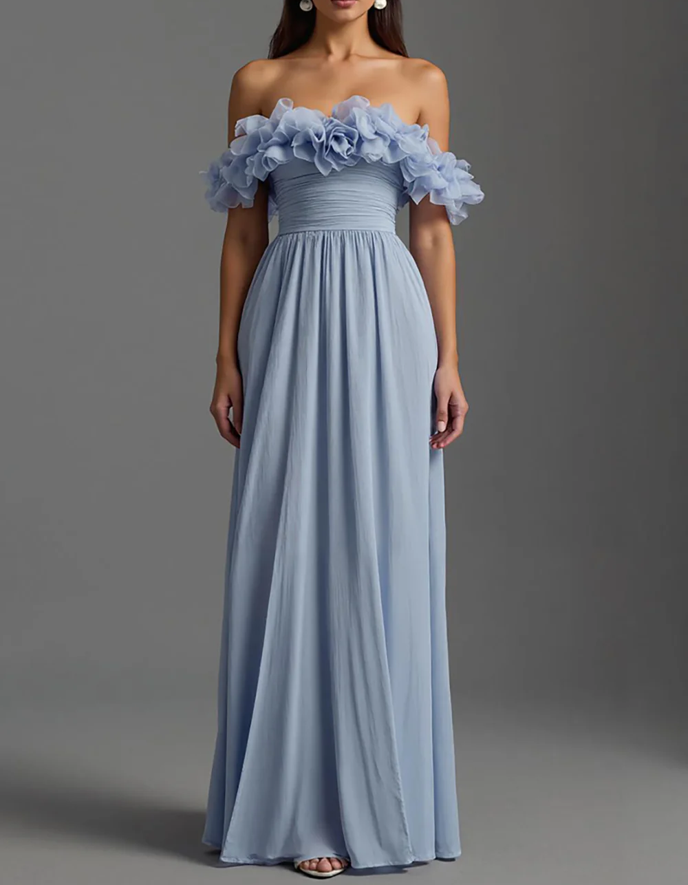 Gray-Blue Chiffon Off-Shoulder Fitted Waist Ruffled Maxi Dress