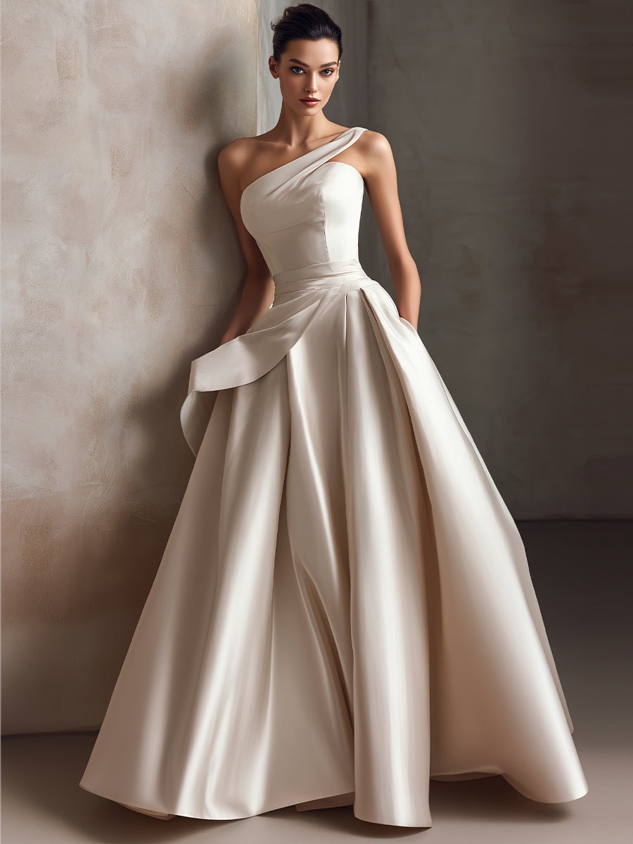 Champagne  One-Shoulder Sculpted Pleated Ball Gown