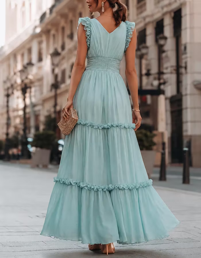 Light Blue Chiffon Ruffled Layered Maxi Dress