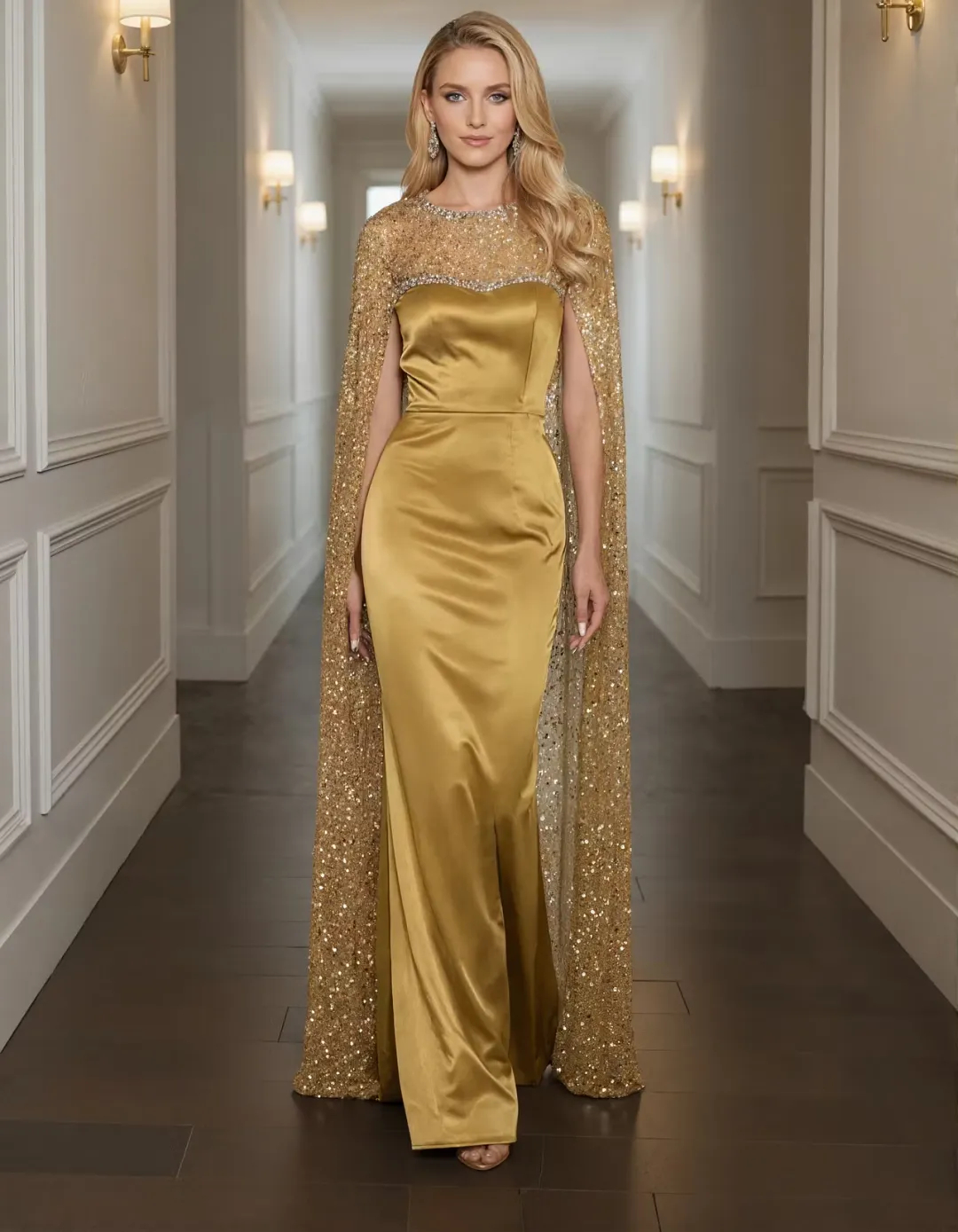 Solid Color Satin With Sequins Maxi Dress