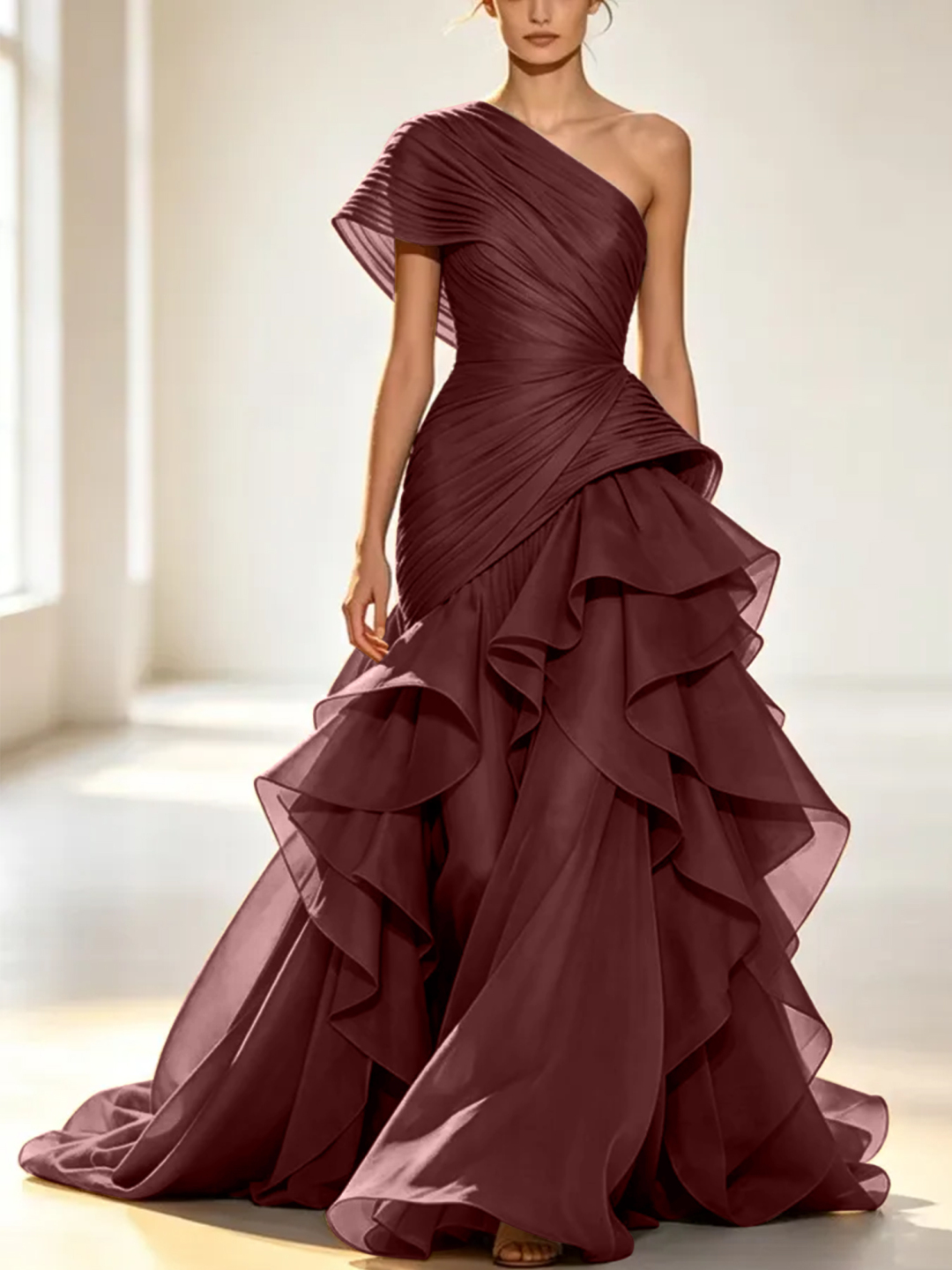 Grey One-Shoulder Pleated Organza Maxi Dress with Tiered Ruffle Skirt