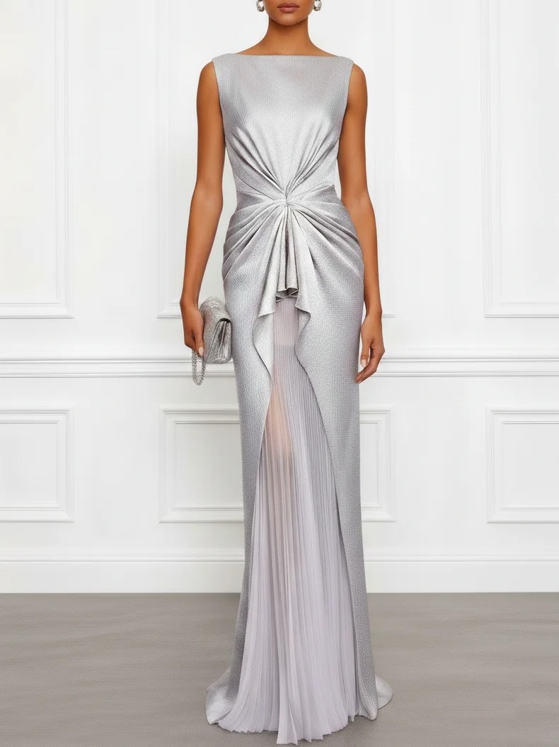 Silver Ruched Pleated Satin Boat Neck Sleeveless Sheath Gown Dress