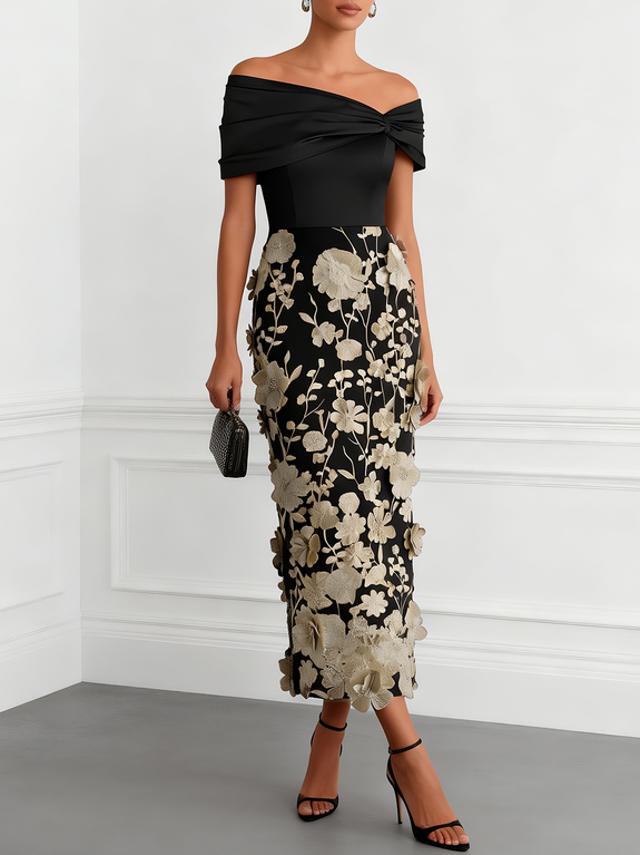 3D Floral Applique Classic Off The Shoulder Short Sleeve Sheath Midi Dress