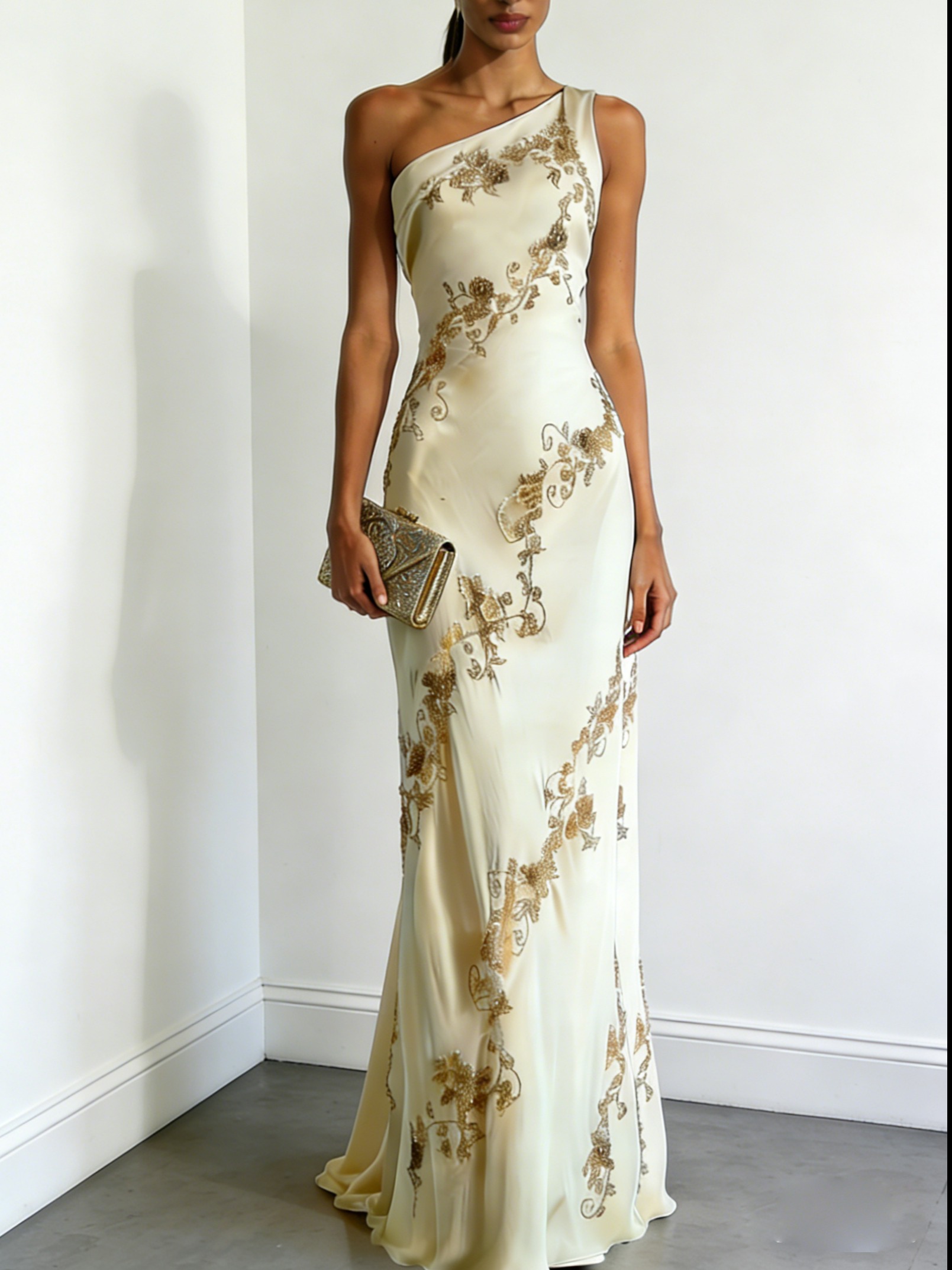 Beige Applique Satin One Shoulder Sleeveless Sheath Maxi Dress