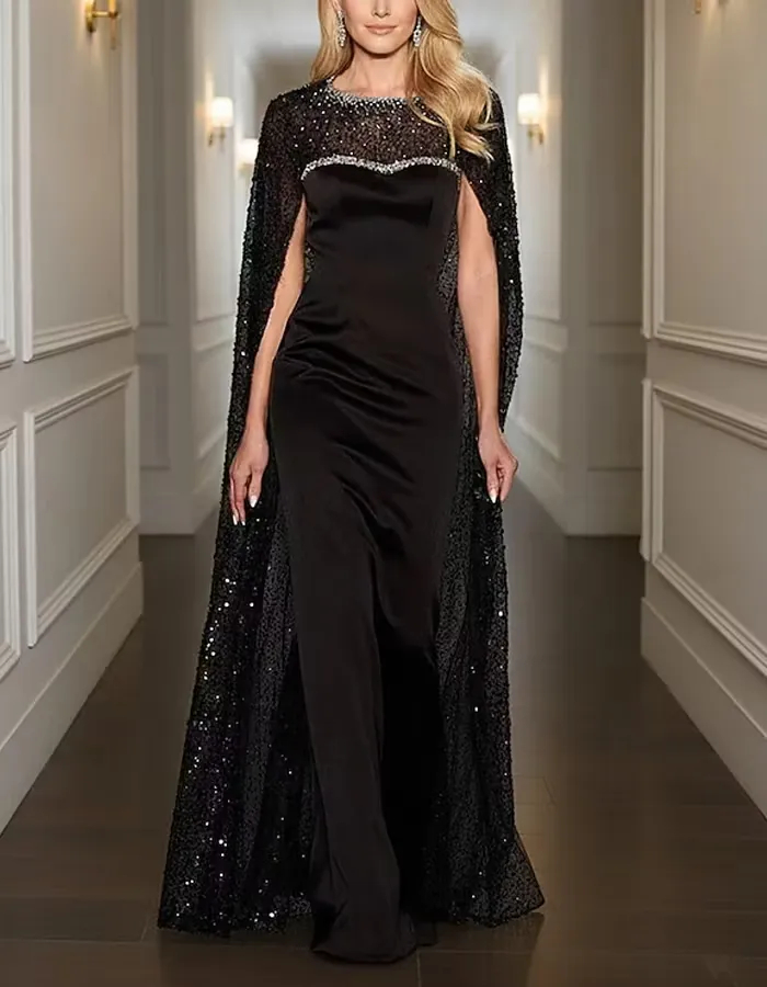 Solid Color Satin With Sequins Maxi Dress