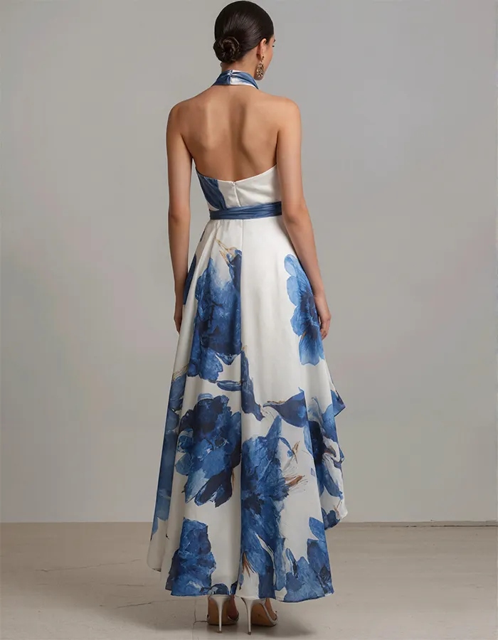 White And Blue Ink Wash Floral Print Halter Neck Maxi Dress