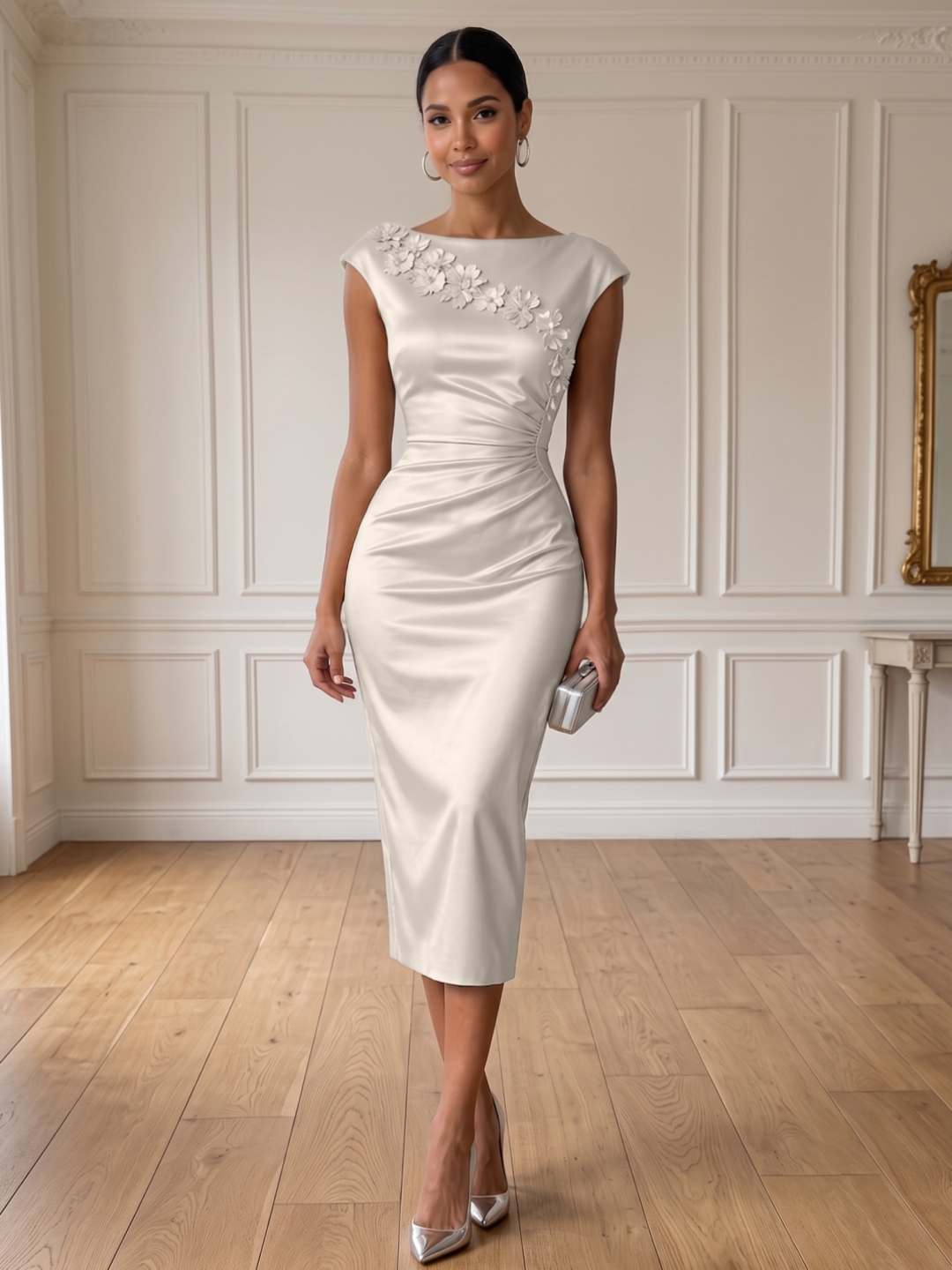 Champagne 3D Floral Ruched Satin Boat Neck Sleeveless Sheath Midi Dress