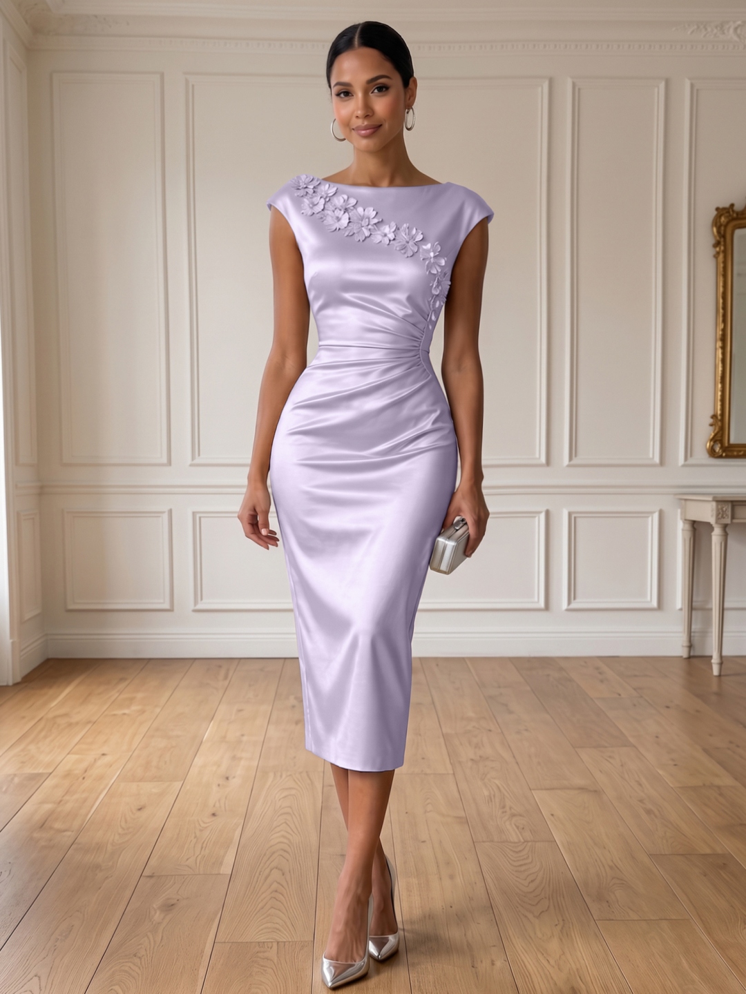 Champagne 3D Floral Ruched Satin Boat Neck Sleeveless Sheath Midi Dress