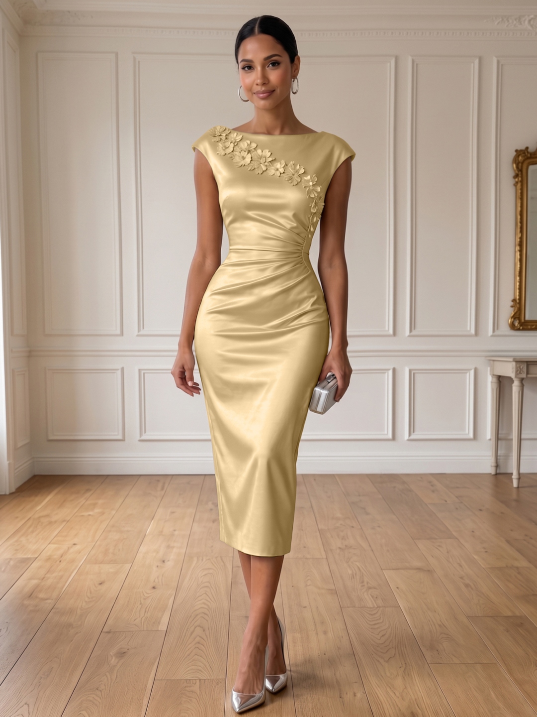 Champagne 3D Floral Ruched Satin Boat Neck Sleeveless Sheath Midi Dress
