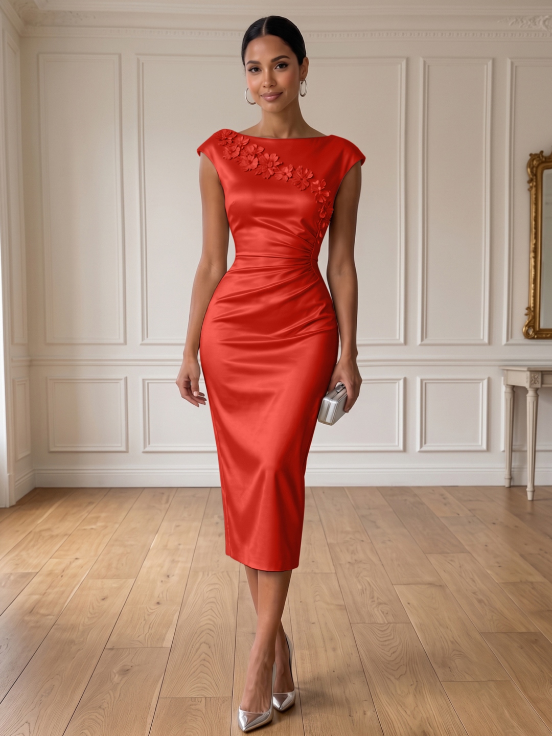 Champagne 3D Floral Ruched Satin Boat Neck Sleeveless Sheath Midi Dress