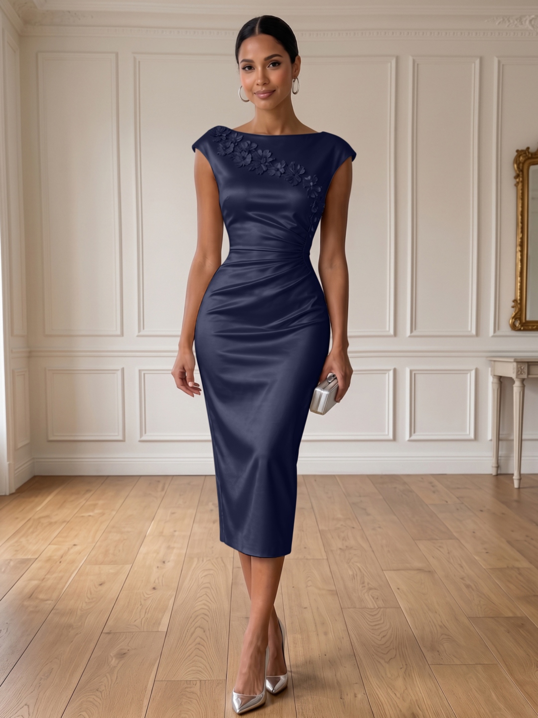 Champagne 3D Floral Ruched Satin Boat Neck Sleeveless Sheath Midi Dress