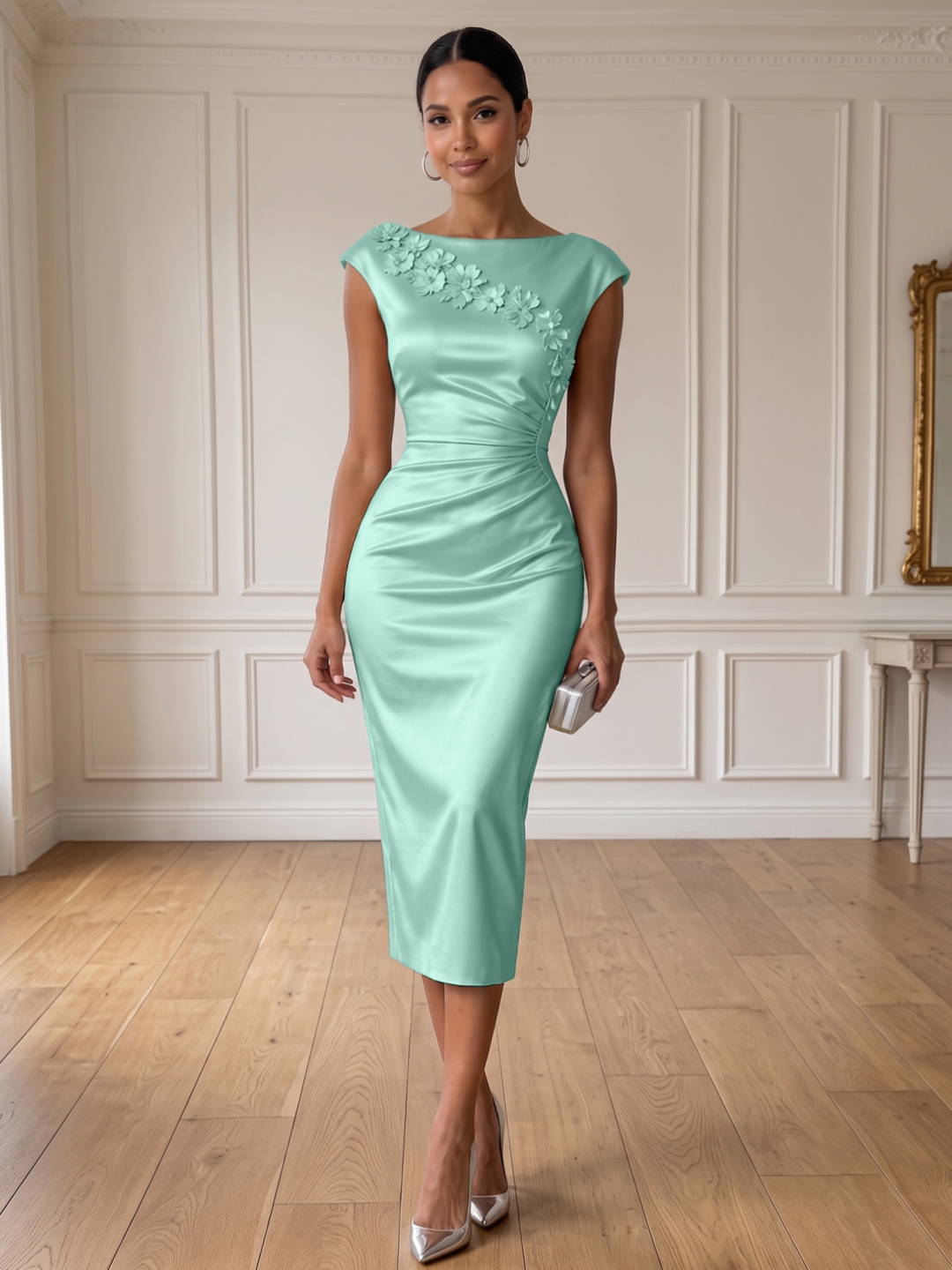 Champagne 3D Floral Ruched Satin Boat Neck Sleeveless Sheath Midi Dress