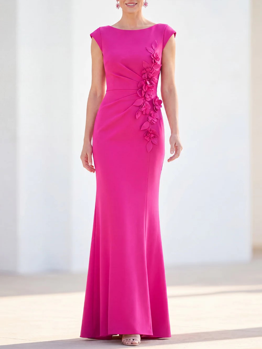 Cap Sleeve Floral Applique Ruched Mermaid Maxi Dress