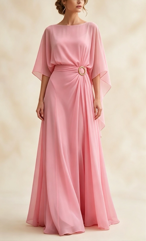 Elegant Chiffon Cape Sleeve Belted Wide Leg Jumpsuit