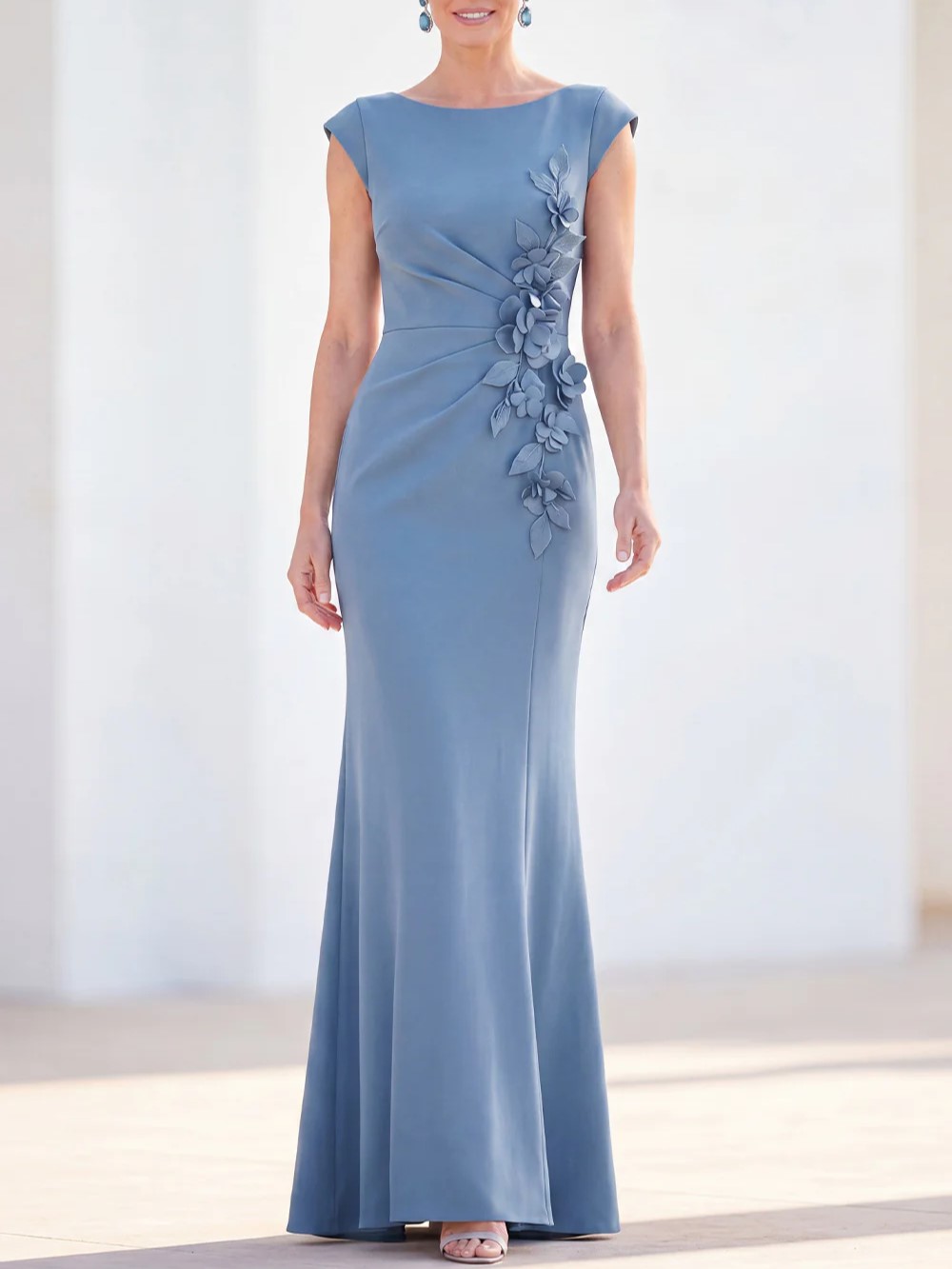 Cap Sleeve Floral Applique Ruched Mermaid Maxi Dress