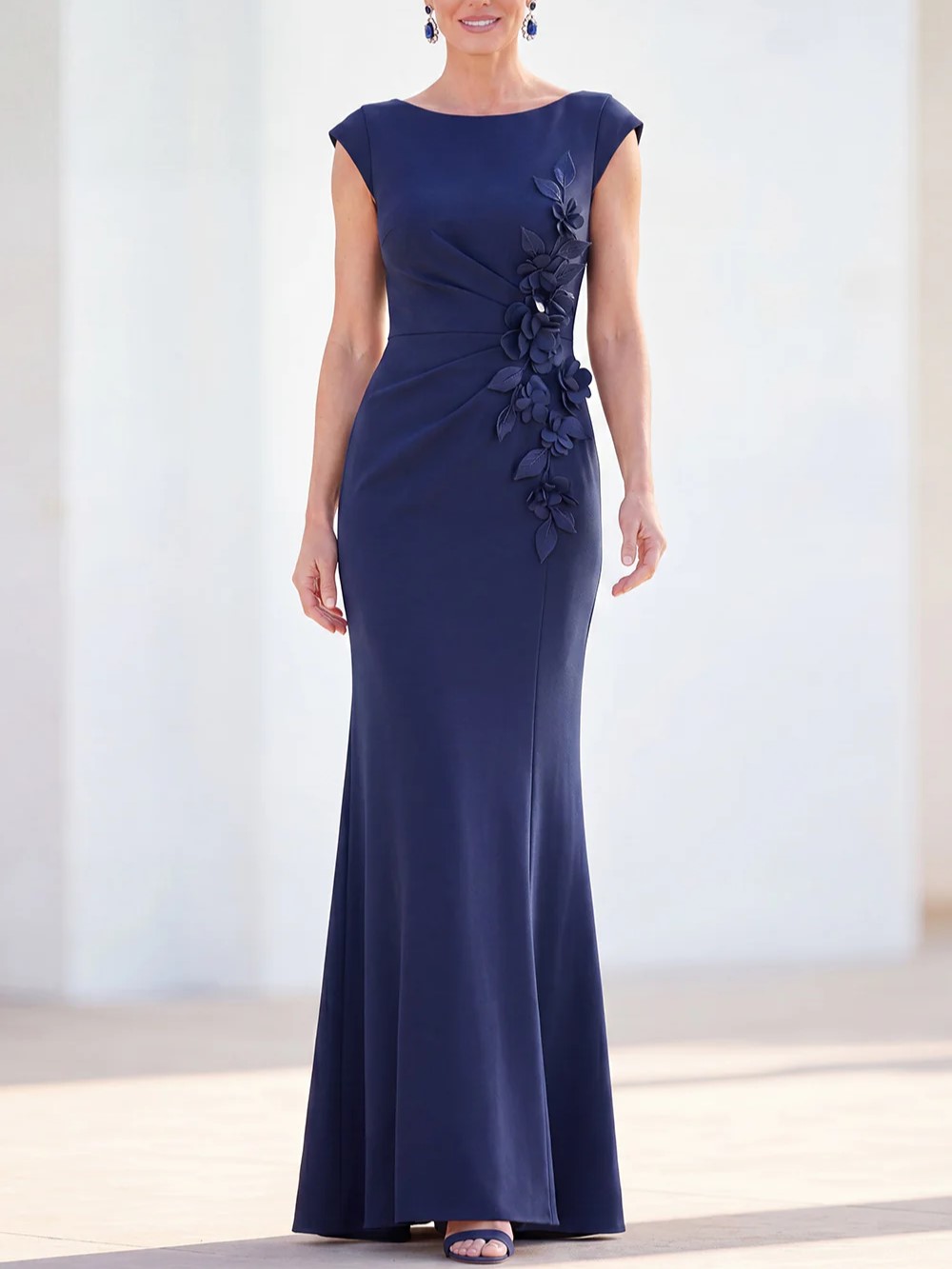 Cap Sleeve Floral Applique Ruched Mermaid Maxi Dress