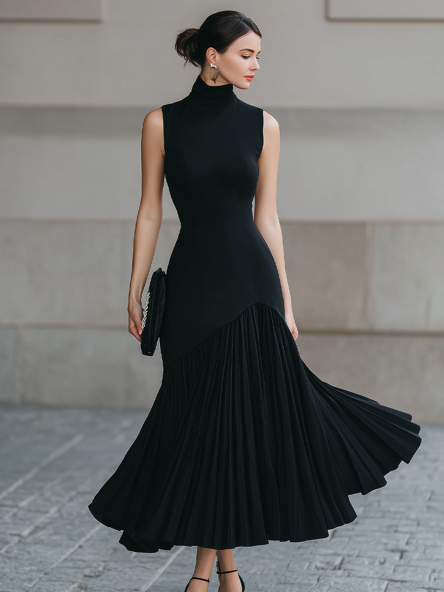 Black Pleated Midi Dress With Mock Neck