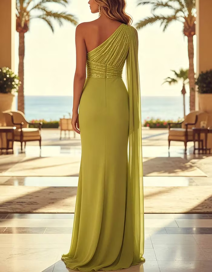Green Chiffon One-Shoulder Mermaid Maxi Dress