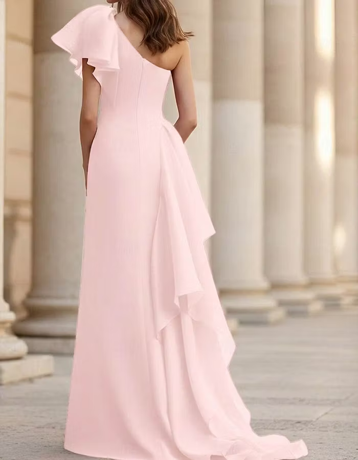 Light Pink Chiffon One-Shoulder Side Ruffle Overlay Maxi Dress
