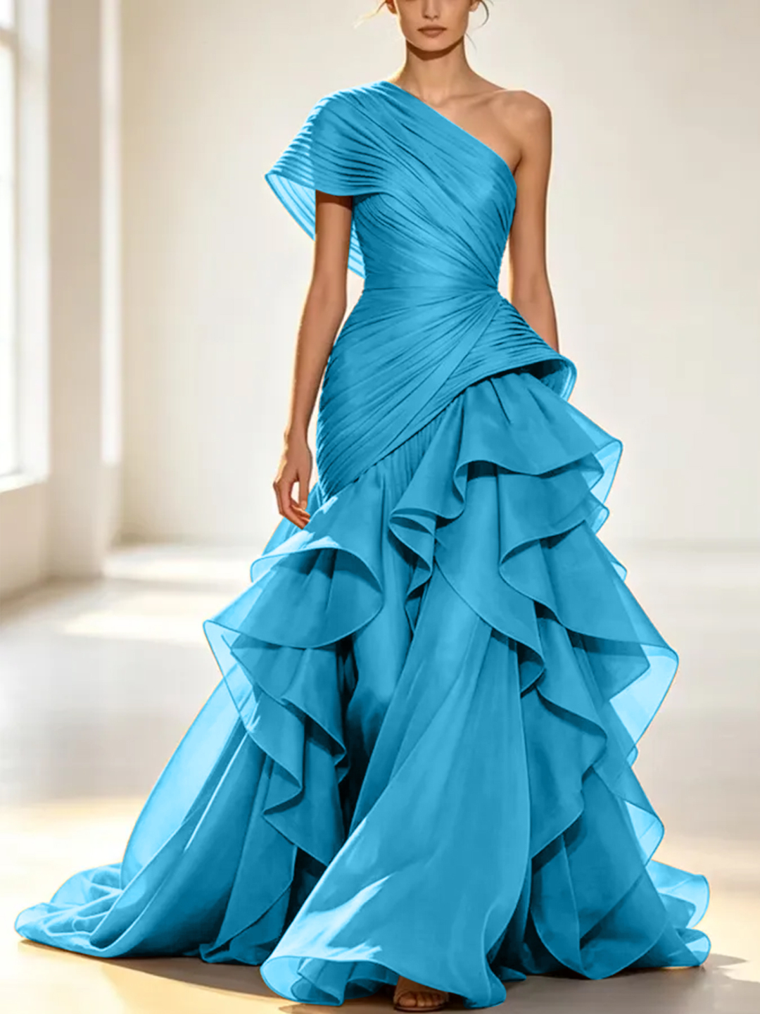 Grey One-Shoulder Pleated Organza Maxi Dress with Tiered Ruffle Skirt