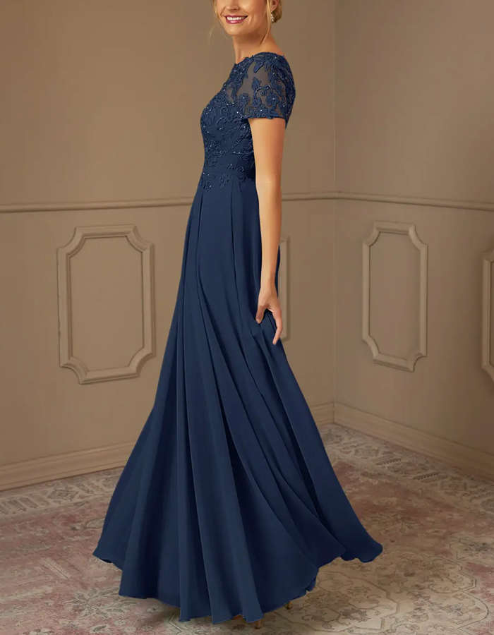 Dark Navy Sequined Chiffon A-Line Maxi Dress