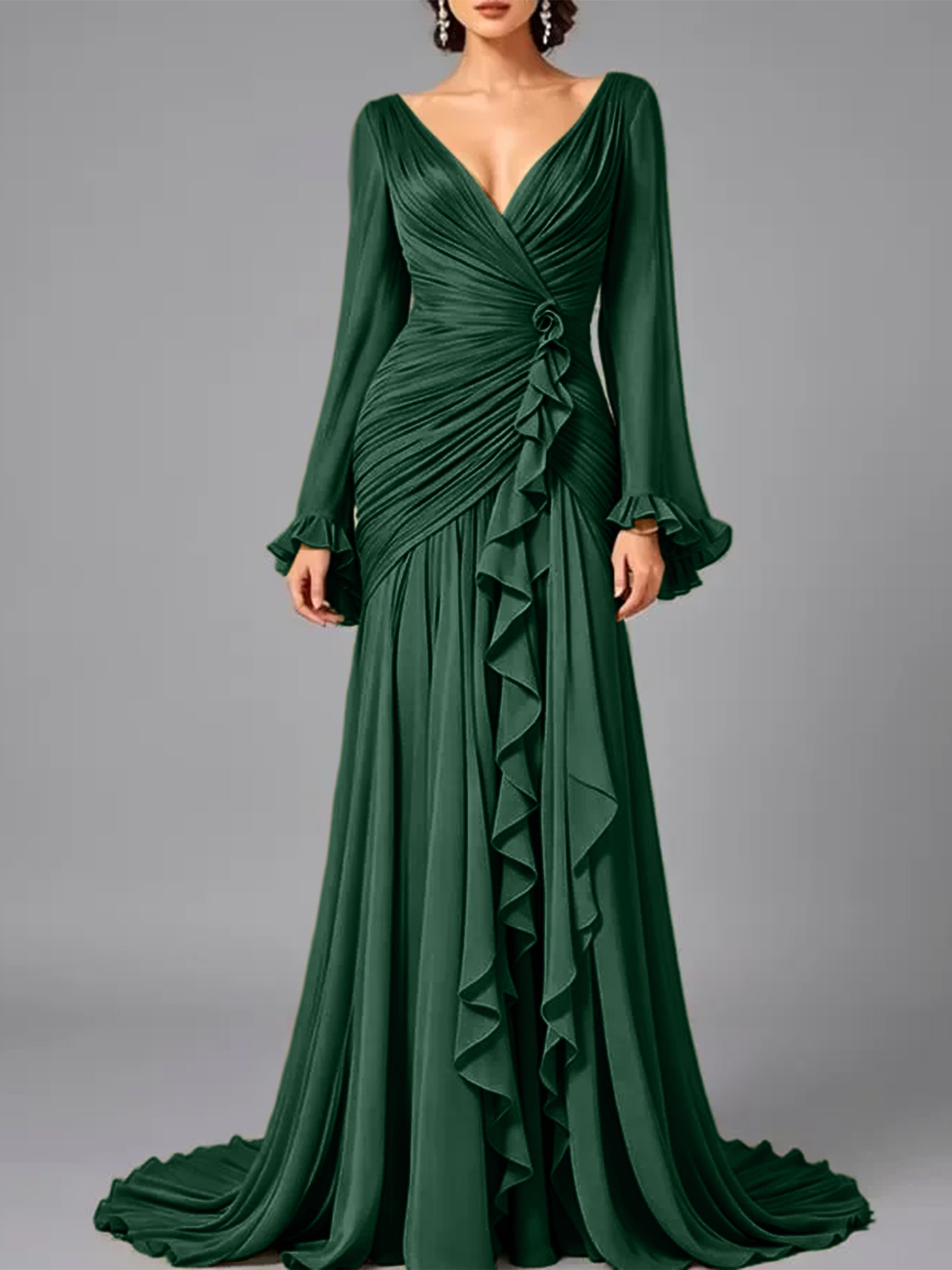 V-Neck Sheer Long Sleeve Ruffled Chiffon Dress
