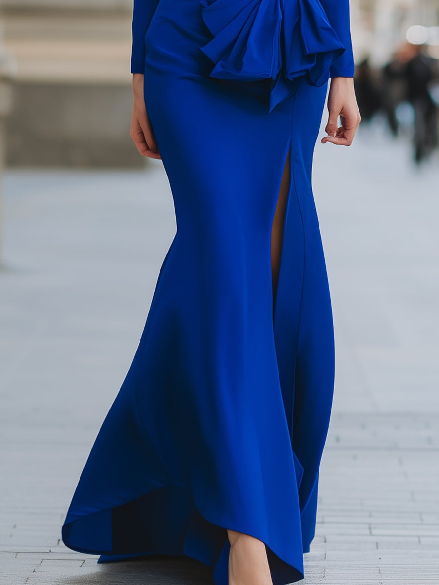 Royal Blue Draped Evening Gown With Side Bow Detail