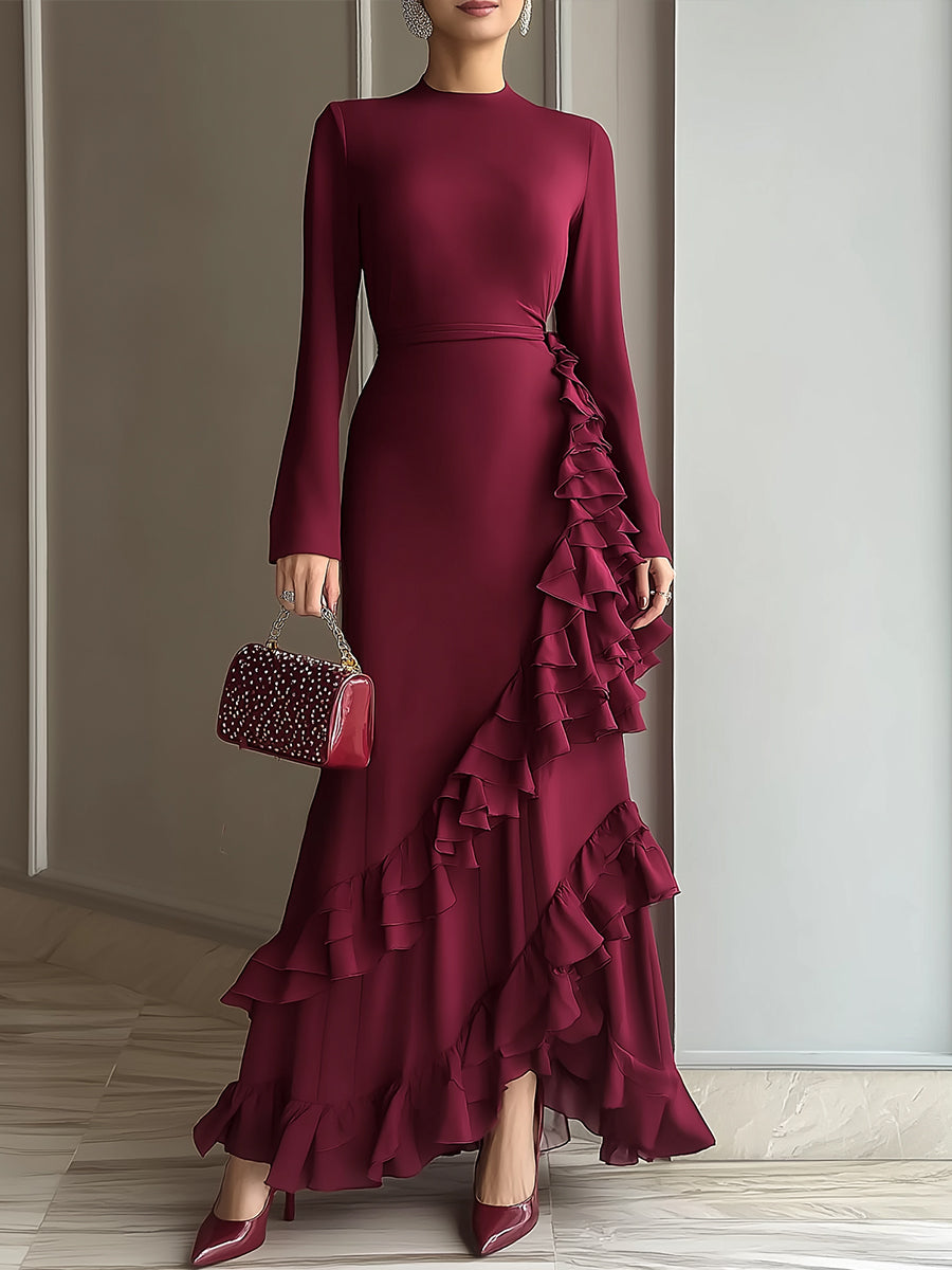Wine Red Asymmetric Ruffled Long Sleeve Maxi Dress