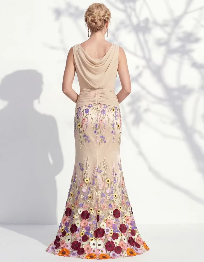 Green Sleeveless Multi Colored 3D Floral Pattern Maxi Dress
