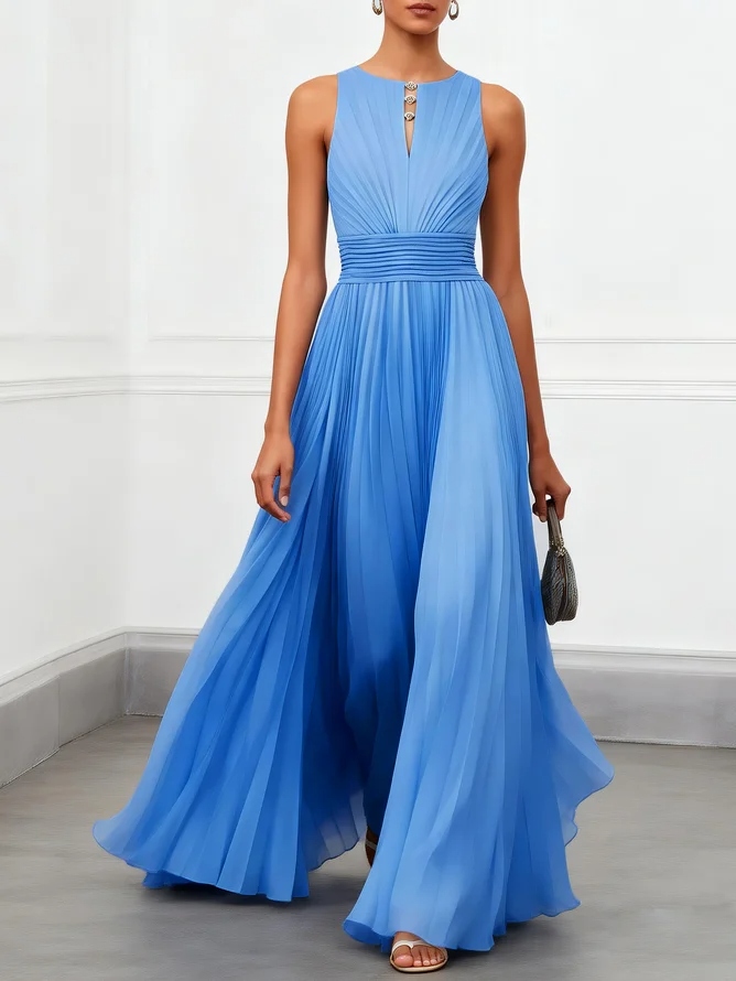 Blue Pleated Rhinestone Chiffon Crew Neck Sleeveless A-Line Floor-length Gown Dress