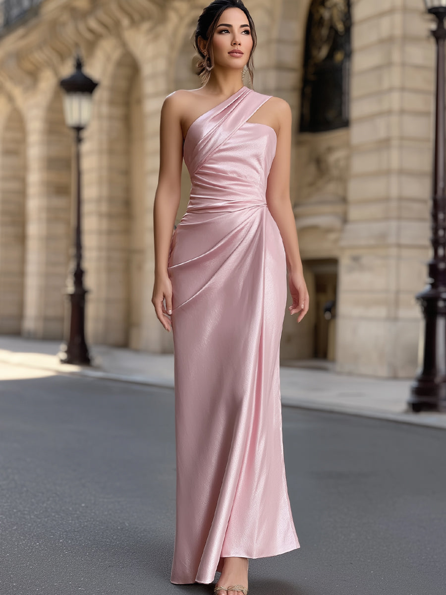 Pink One-Shoulder Draped Satin Maxi Dress