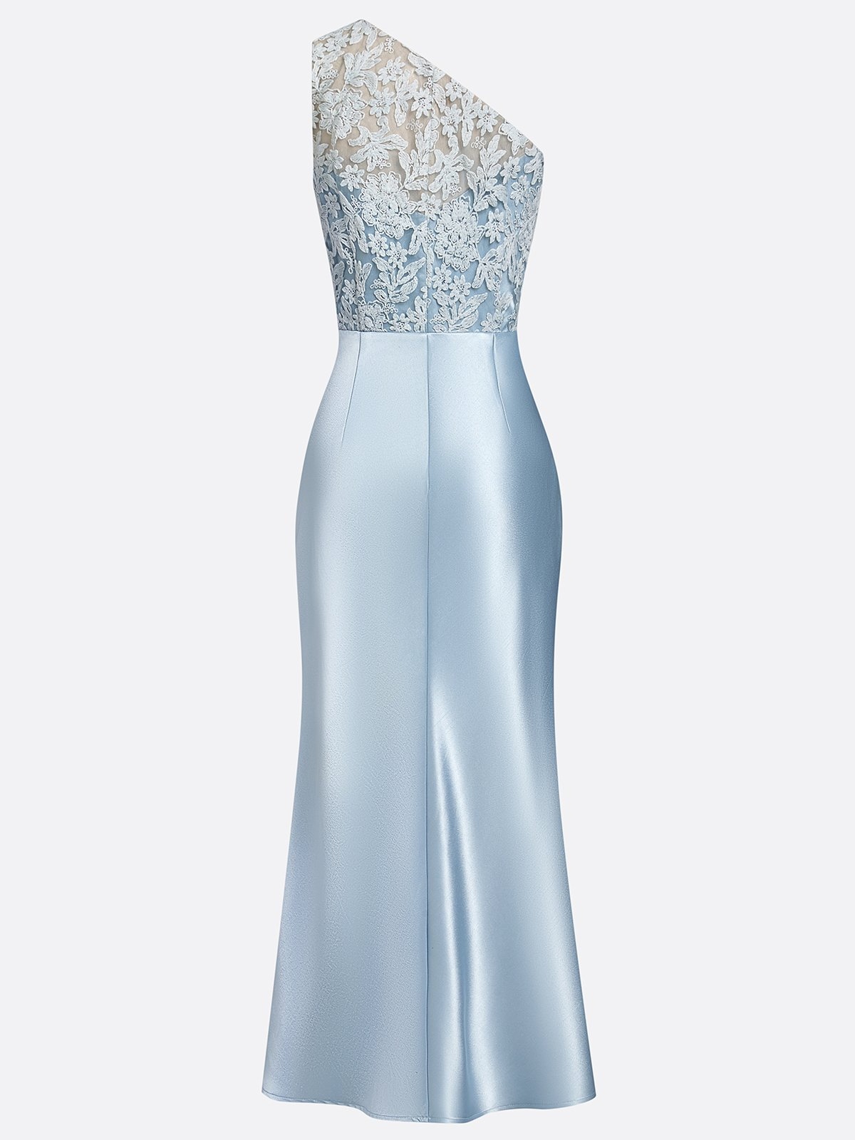Light Blue Lace Embroidery Ruched Satin One Shoulder Sleeveless Mermaid Floor-length Gown Dress