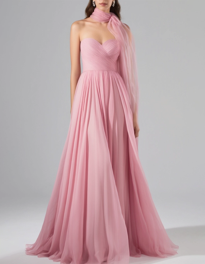 Blush Pink Strapless Sweetheart Chiffon Maxi Dress