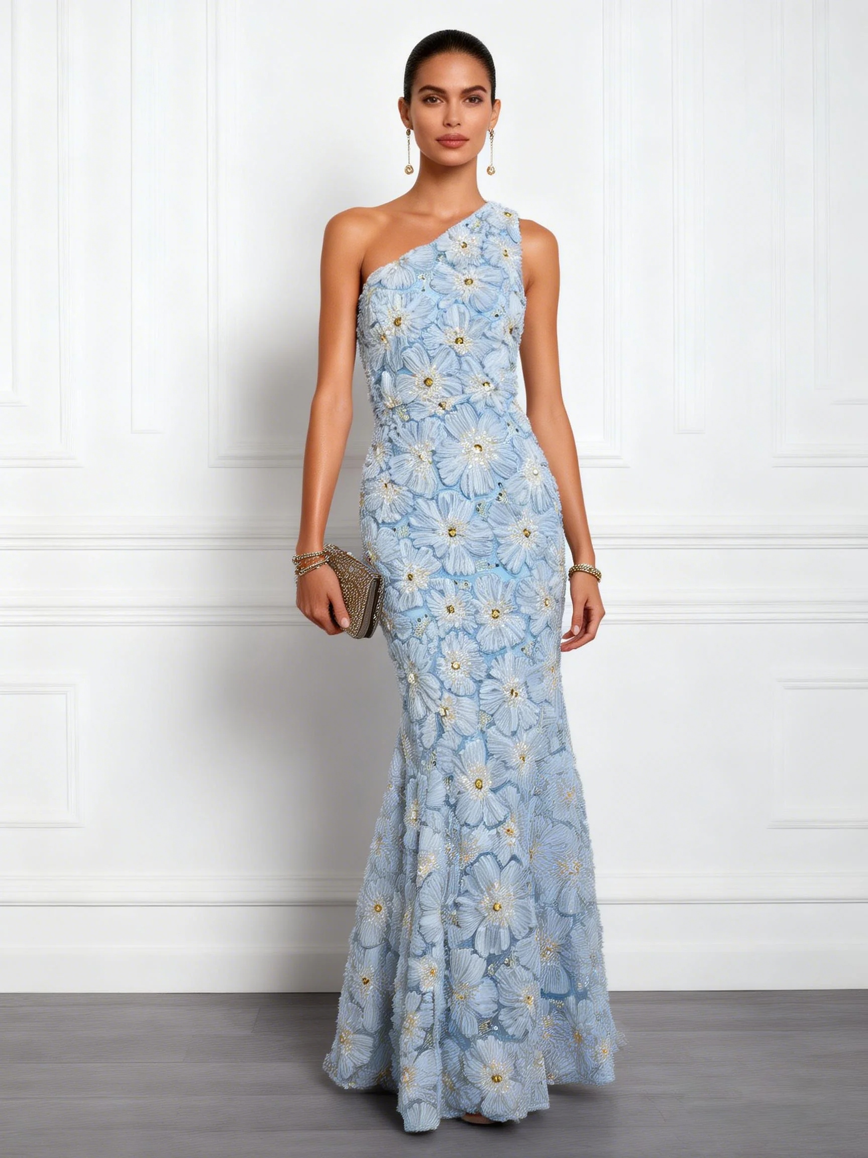 Light Blue Jacquard Beaded 3D Floral Lace One Shoulder Sleeveless Mermaid Gown Dress