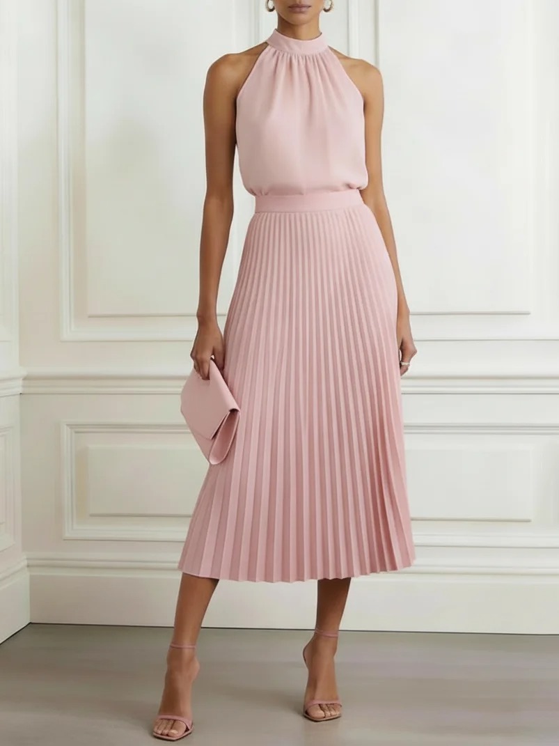 Women Pink Pleated Mock Neck Sleeveless Dressy Top With Skirt Two-Piece Set