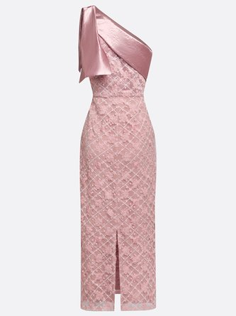 Pink One-Shoulder Satin Bow 3D Floral Sheath Maxi Dress