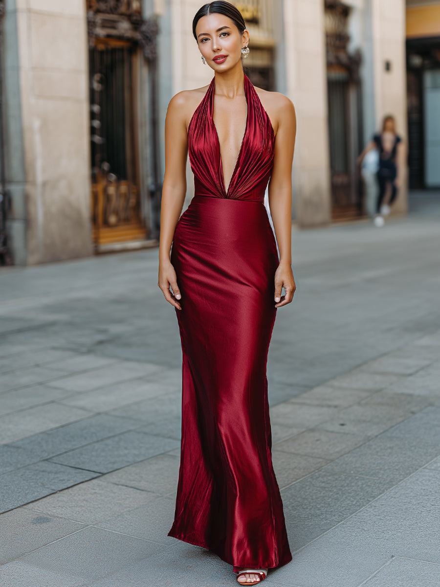 Elegant Burgundy Halter-Neck Satin Gown With Open Back