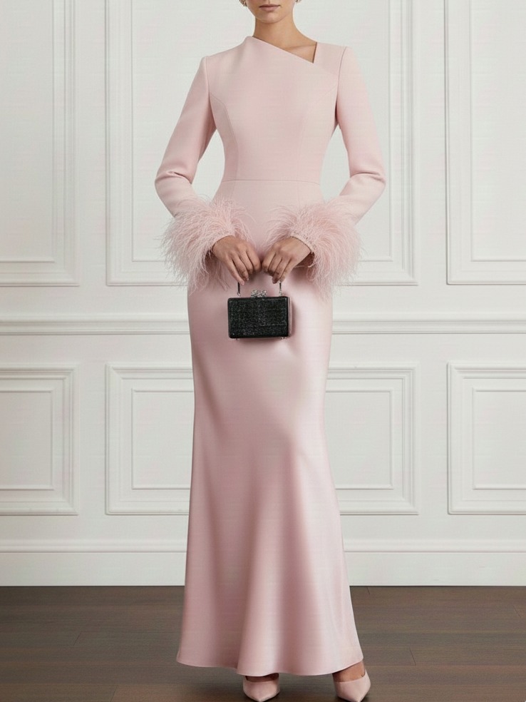 Women Pink Feather-trimmed Asymmetrical Long Sleeve Dressy Top With Skirt Two-Piece Set