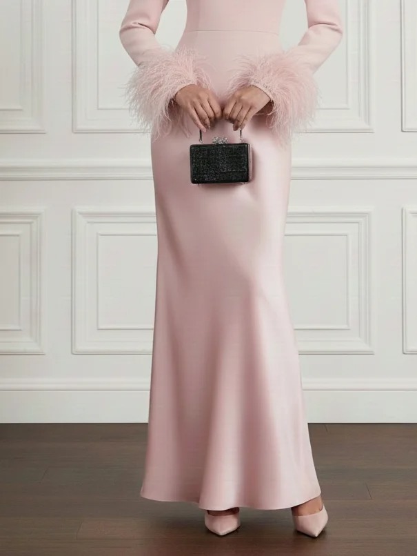 Women Pink Feather-trimmed Asymmetrical Long Sleeve Dressy Top With Skirt Two-Piece Set