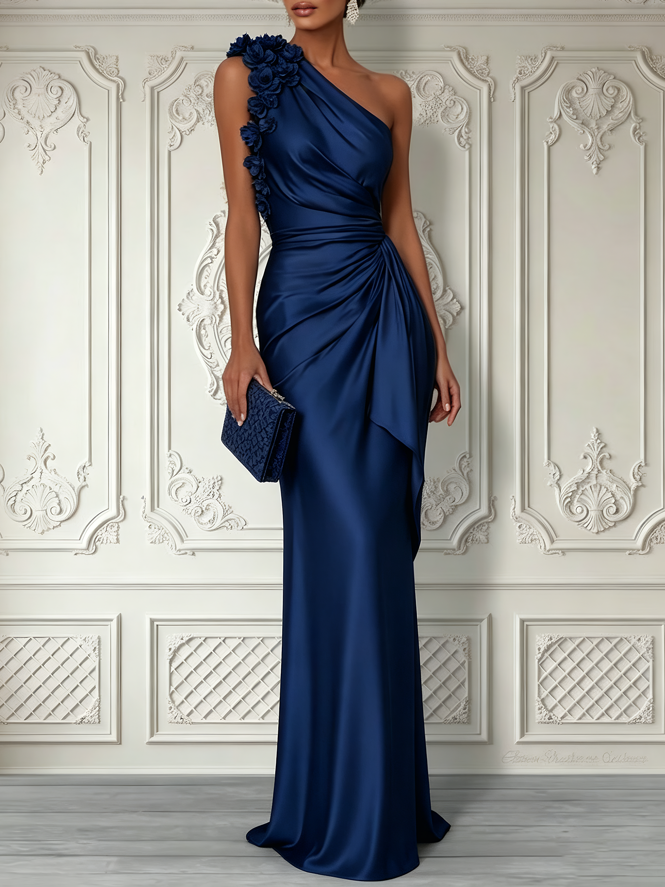Purplish Blue 3D Floral Ruched Satin One Shoulder Sleeveless Sheath Floor-length Gown Dress